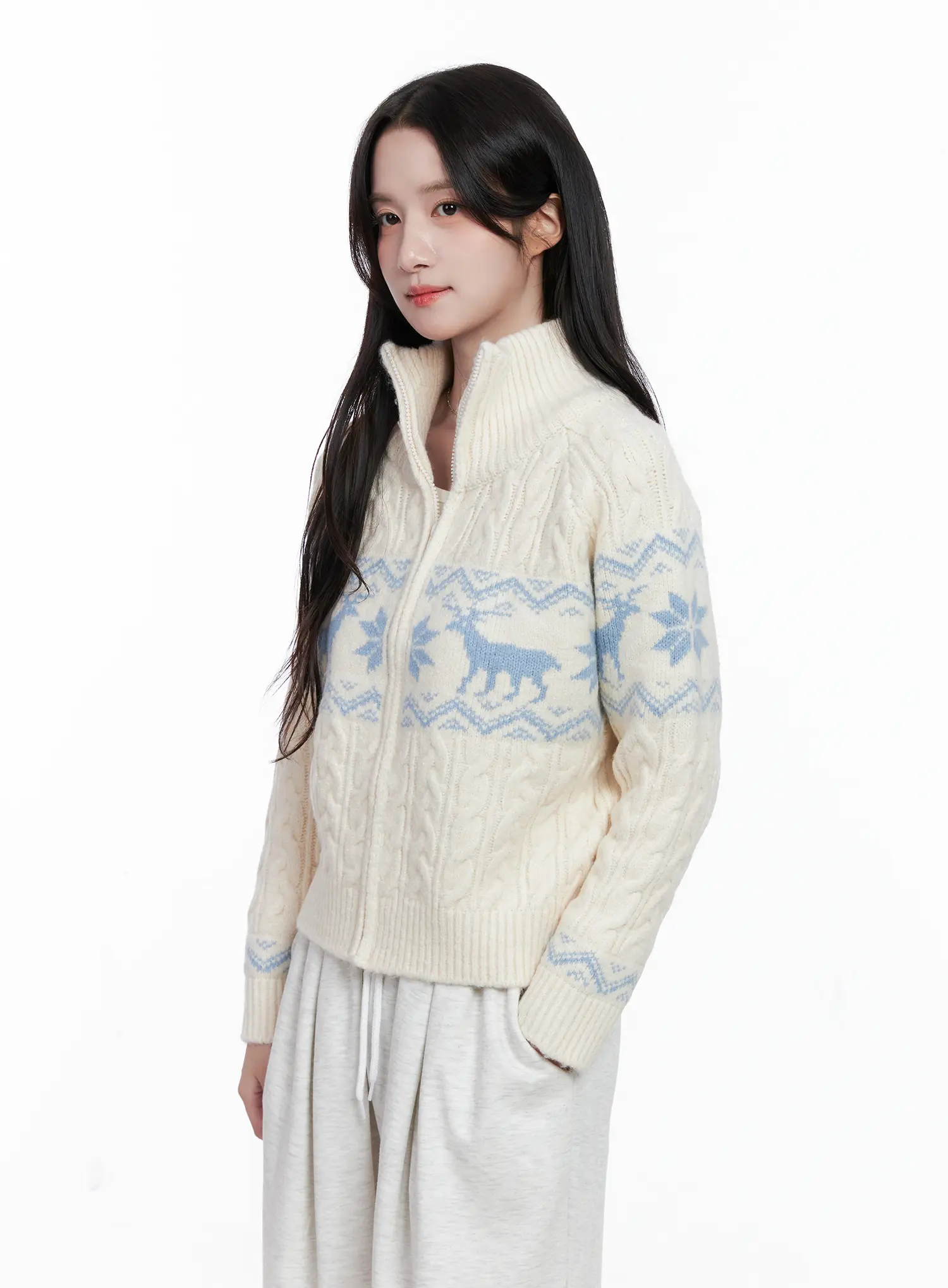 Cable Knit Funnel Neck Zip-Up Sweater CS523 - Image 4