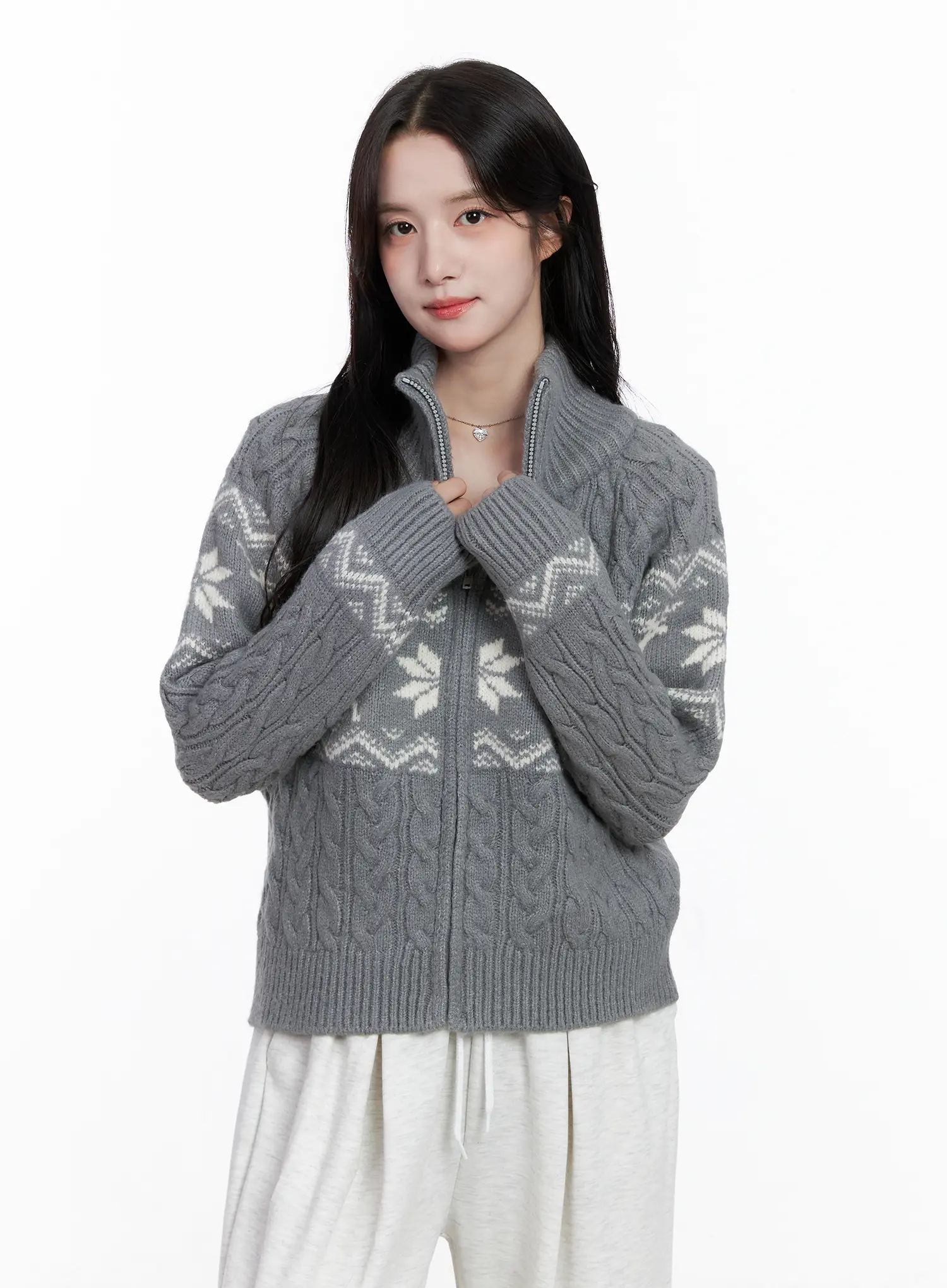 Cable Knit Funnel Neck Zip-Up Sweater CS523 - Image 9