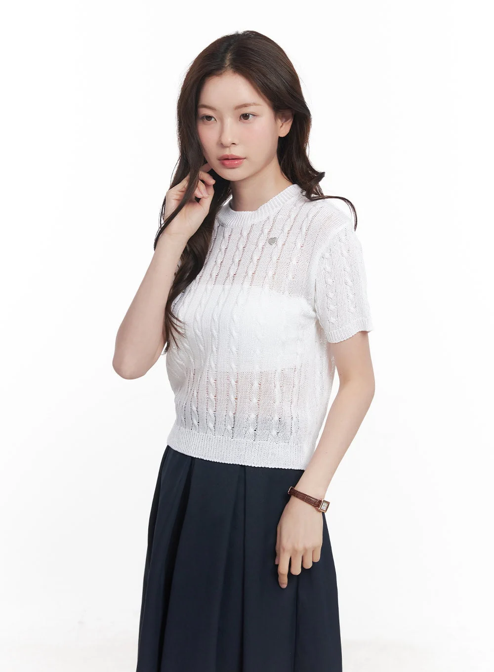 Cable-Knit Short-Sleeve Sweater CY515 - Image 10