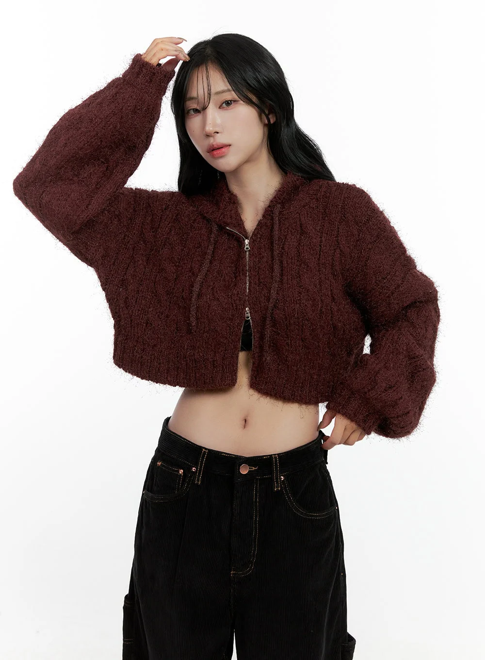 Cable Knit Zip-Up Hooded Cardigan CN407 - Image 9