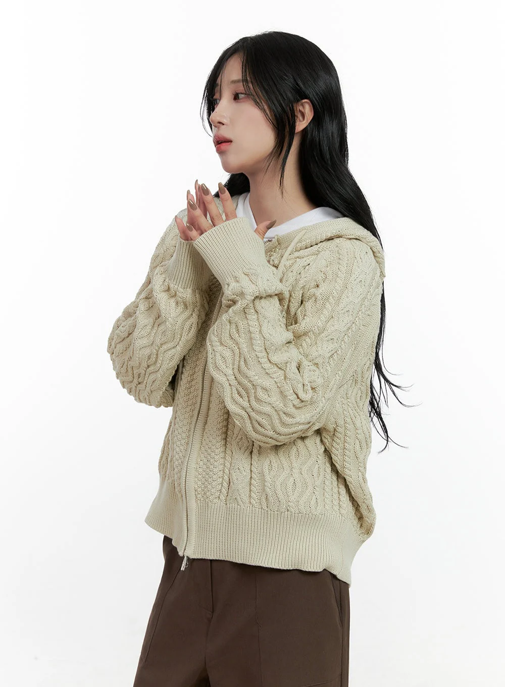 Cable Knit Zip-Up Hooded Sweater Cardigan CN411 - Image 3