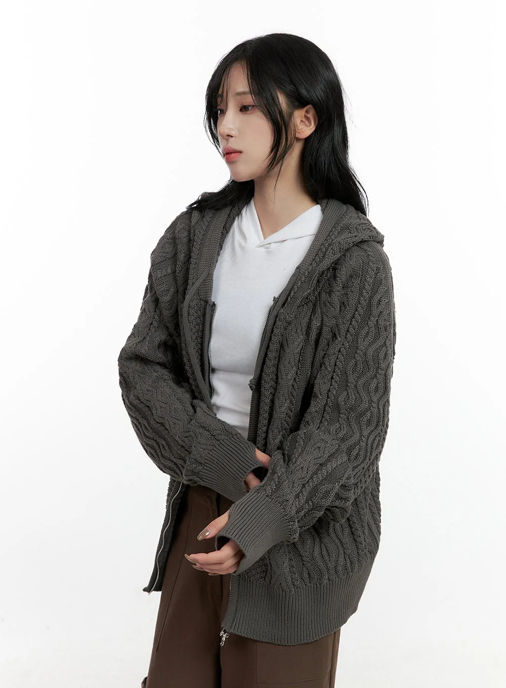 Cable Knit Zip-Up Hooded Sweater Cardigan CN411 - Image 9