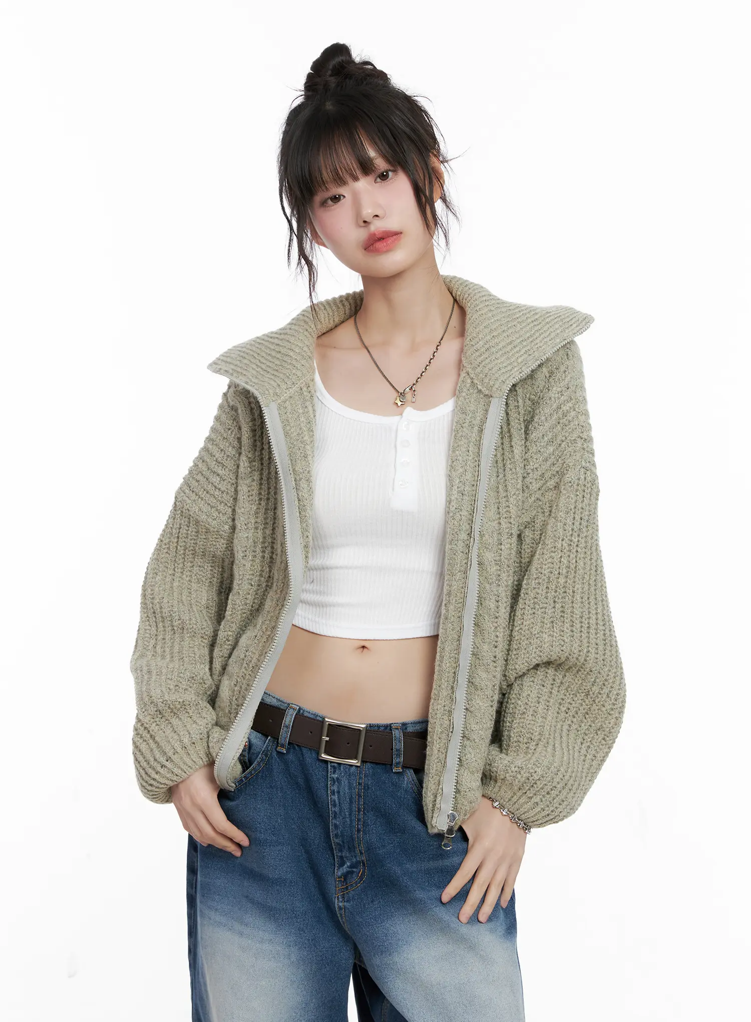 Cable Knit Zip-Up Sweater CG518 - Image 9