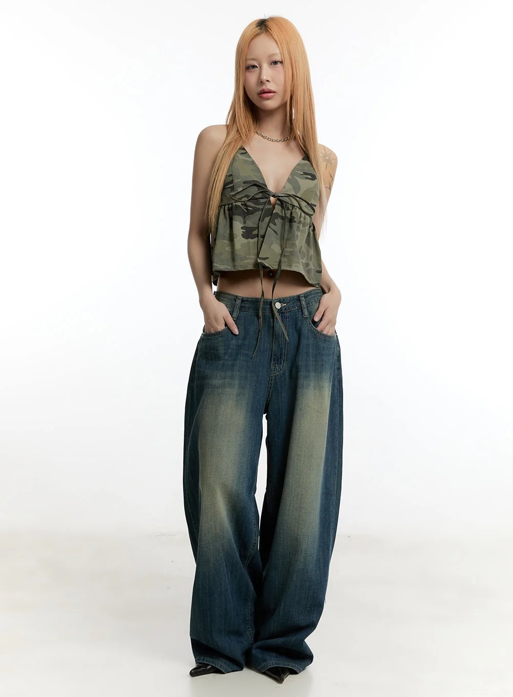 Camo Ribbon Halter Crop Cami Top CY501 - Image 2