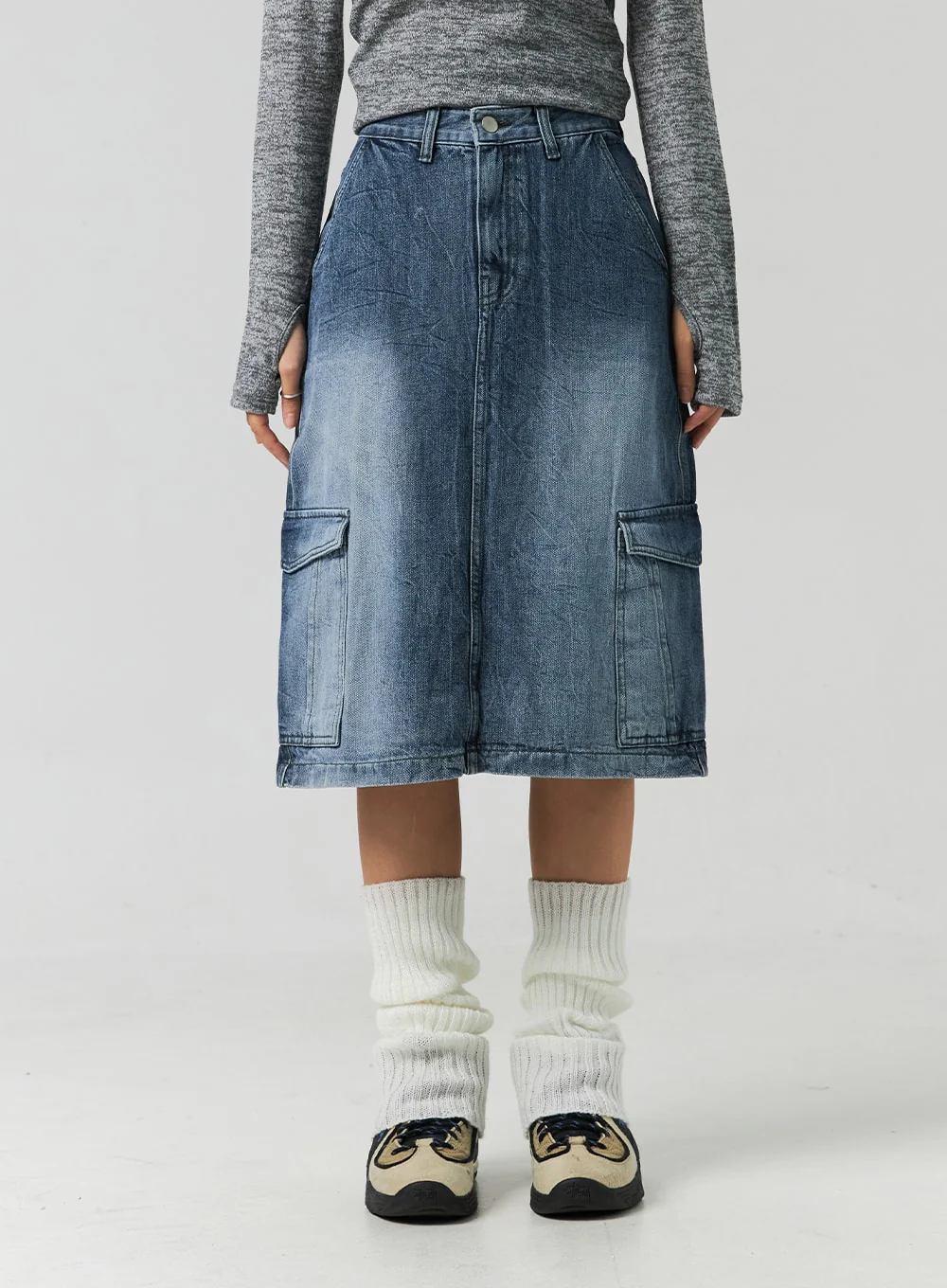 Cargo Washed Denim Midi Skirt CO323 - Image 2