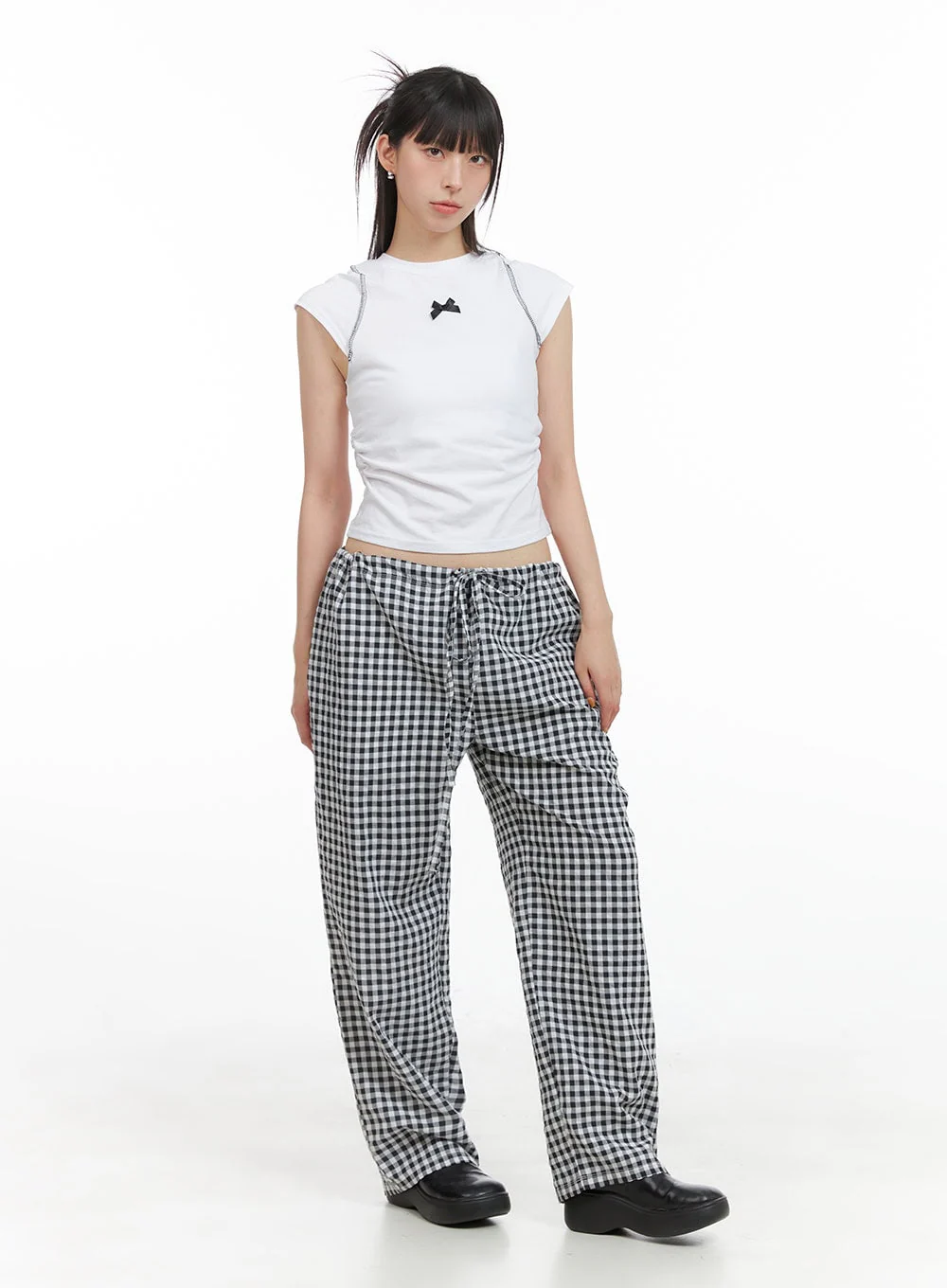 Checkered Banded Cotton Wide Leg Pants CG408 - Image 2