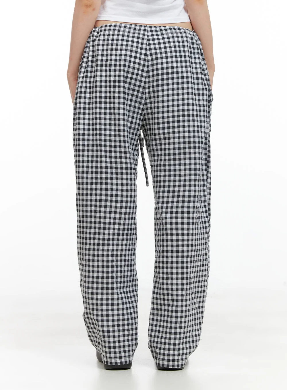 Checkered Banded Cotton Wide Leg Pants CG408 - Image 4