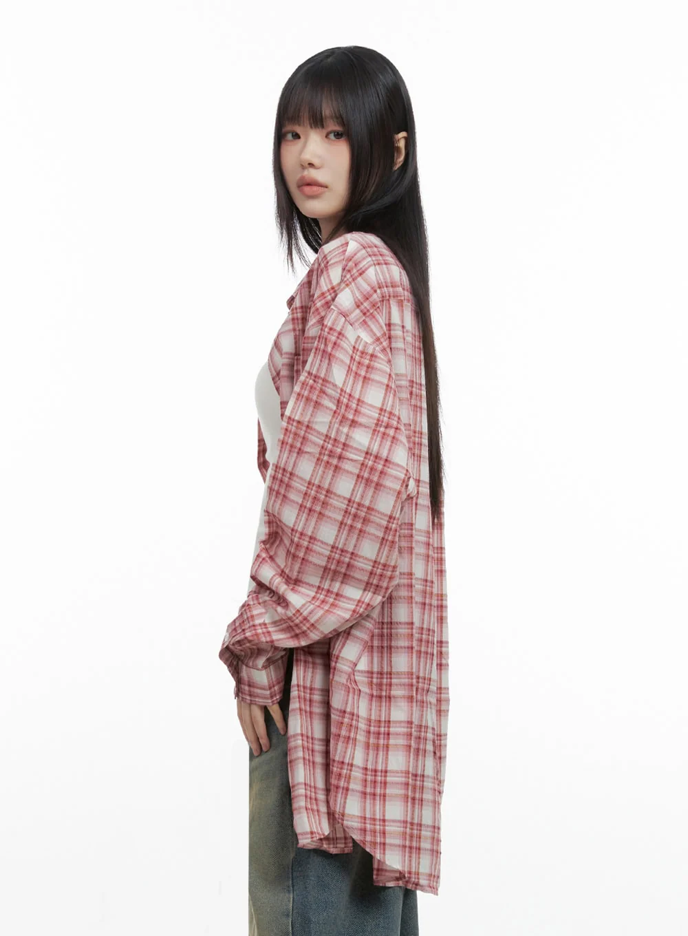 Checkered Cotton Oversized Shirt IO430 - Image 4
