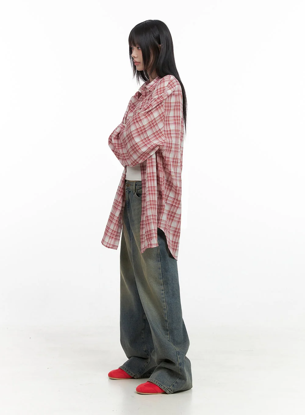 Checkered Cotton Oversized Shirt IO430 - Image 8