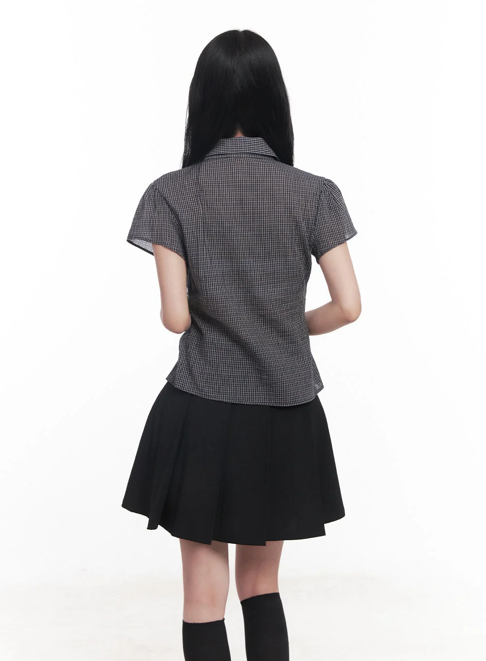 Checkered Puff Button Blouse Top CY526 - Image 7