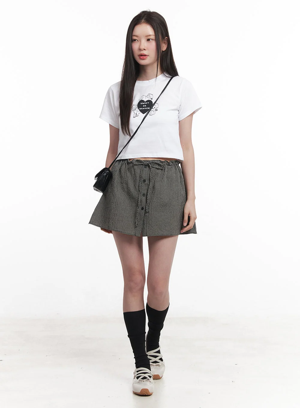 Checkered Ribbon Button Mini Skirt IY513