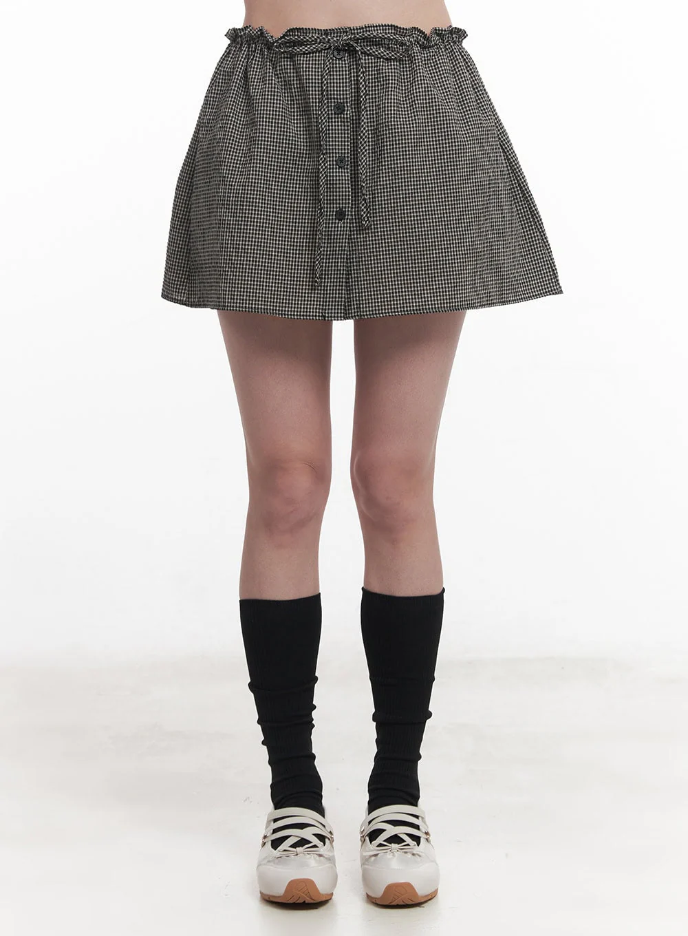 Checkered Ribbon Button Mini Skirt IY513 - Image 5