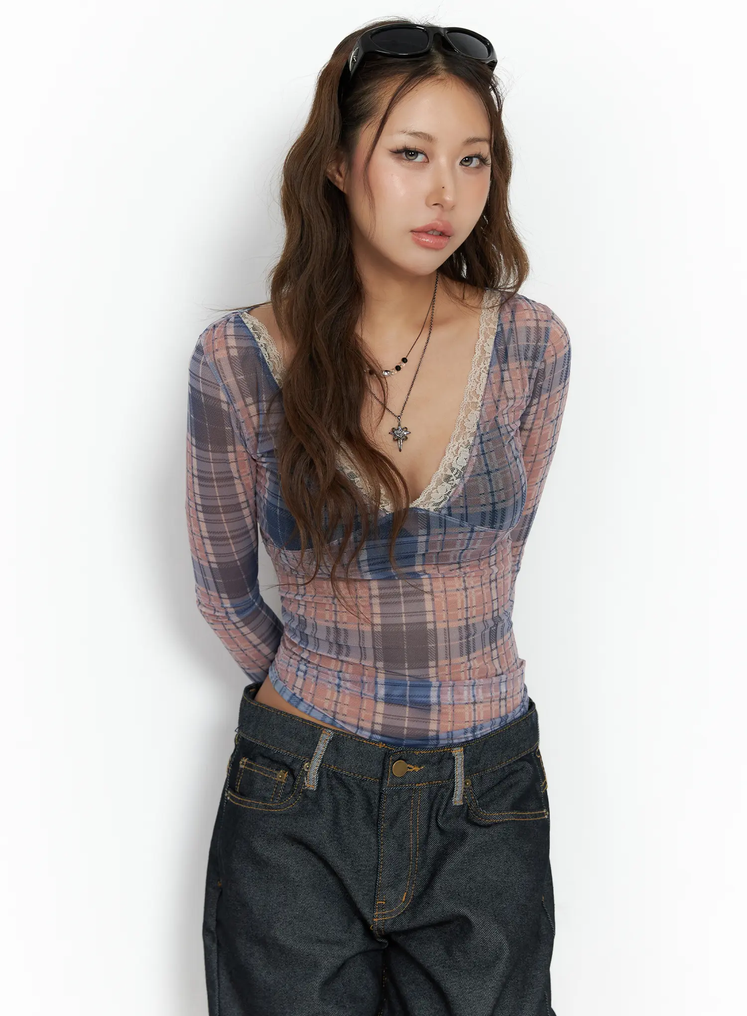 Checkered V-Neck Long Sleeve Top CF512