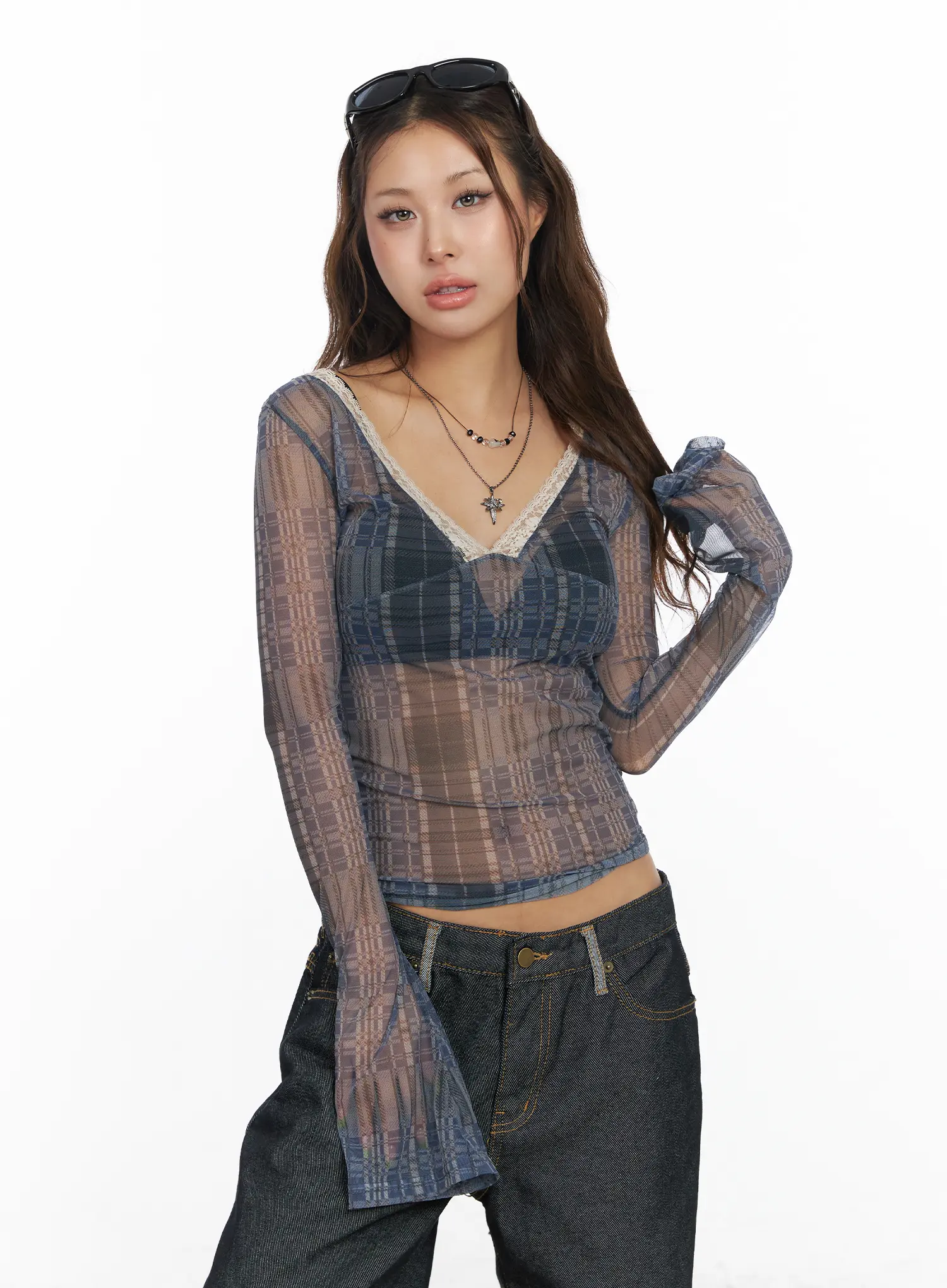 Checkered V-Neck Long Sleeve Top CF512 - Image 2