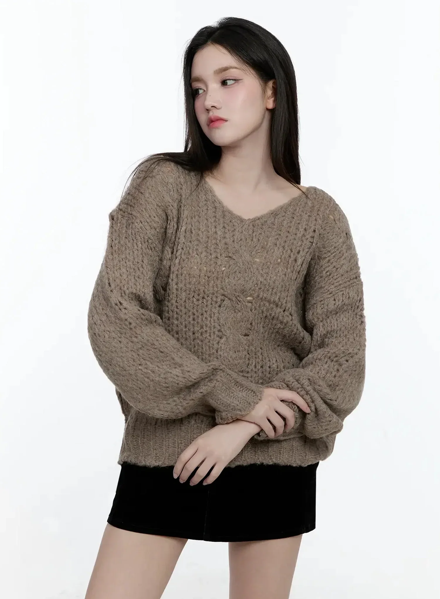Chunky Cable Knit V-Neck Sweater IO527 - Image 2