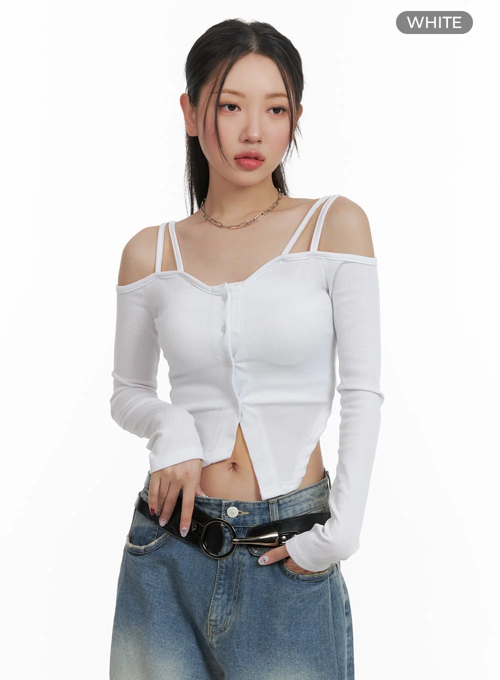 Cold Shoulder Button Ribbed Crop Top CA416 - Image 11