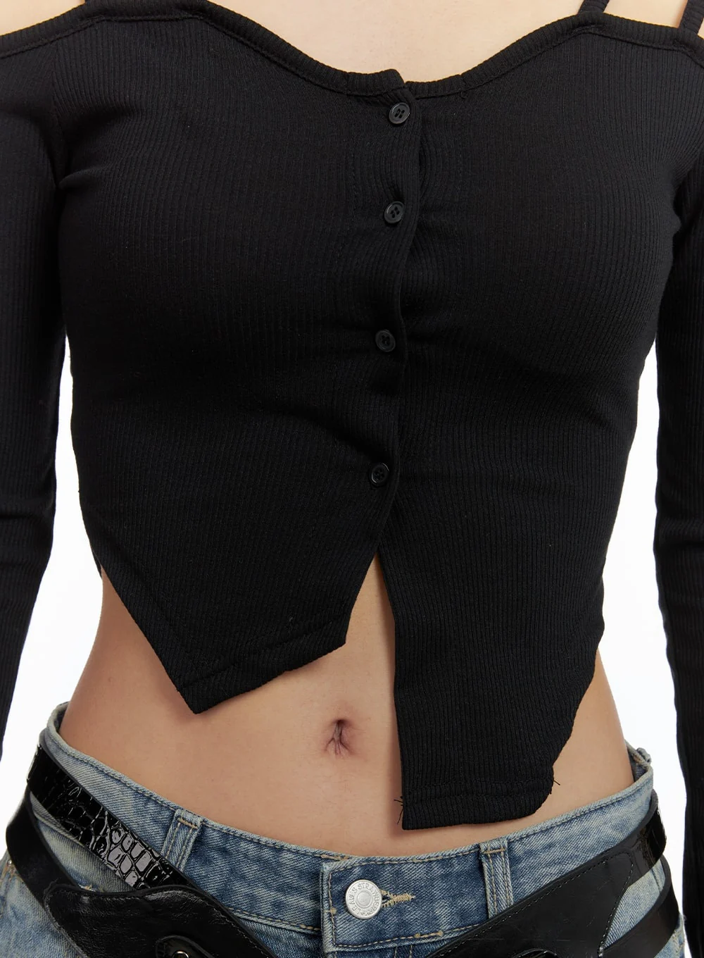 Cold Shoulder Button Ribbed Crop Top CA416 - Image 7