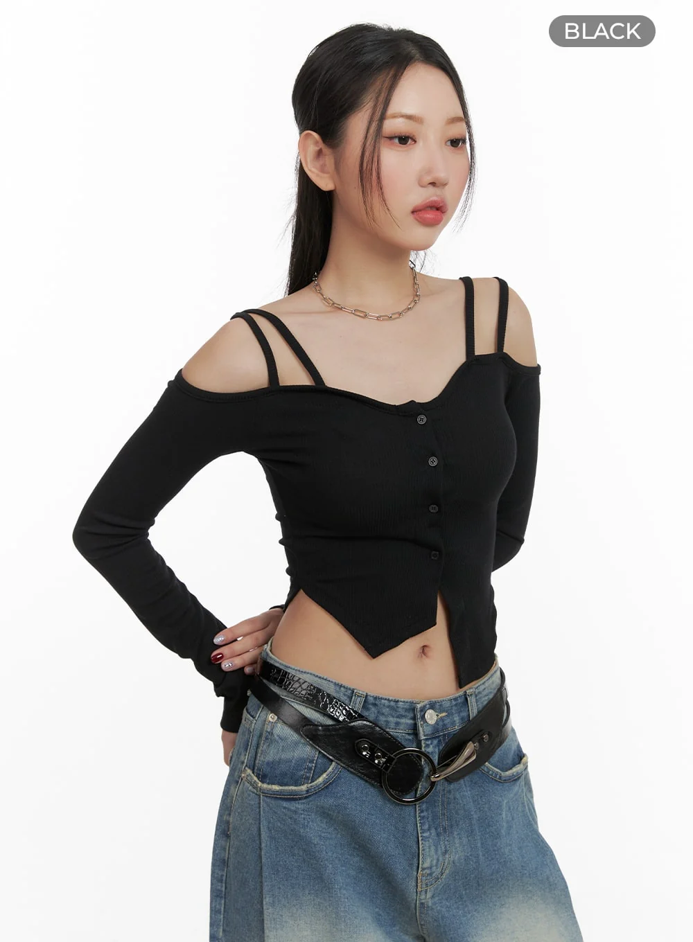 Cold Shoulder Button Ribbed Crop Top CA416 - Image 9