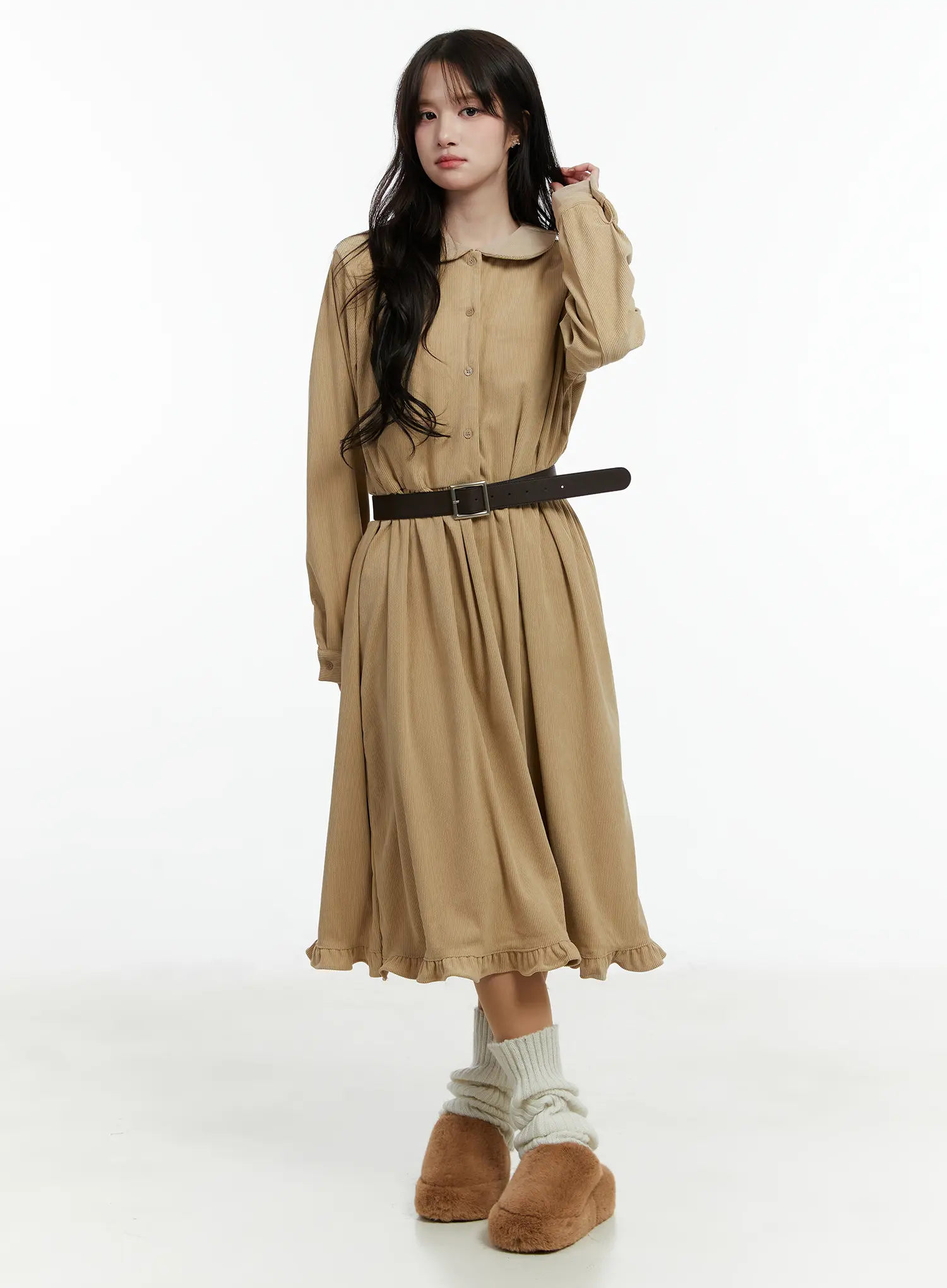 Collared Corduroy Long Sleeve Maxi Dress CD523