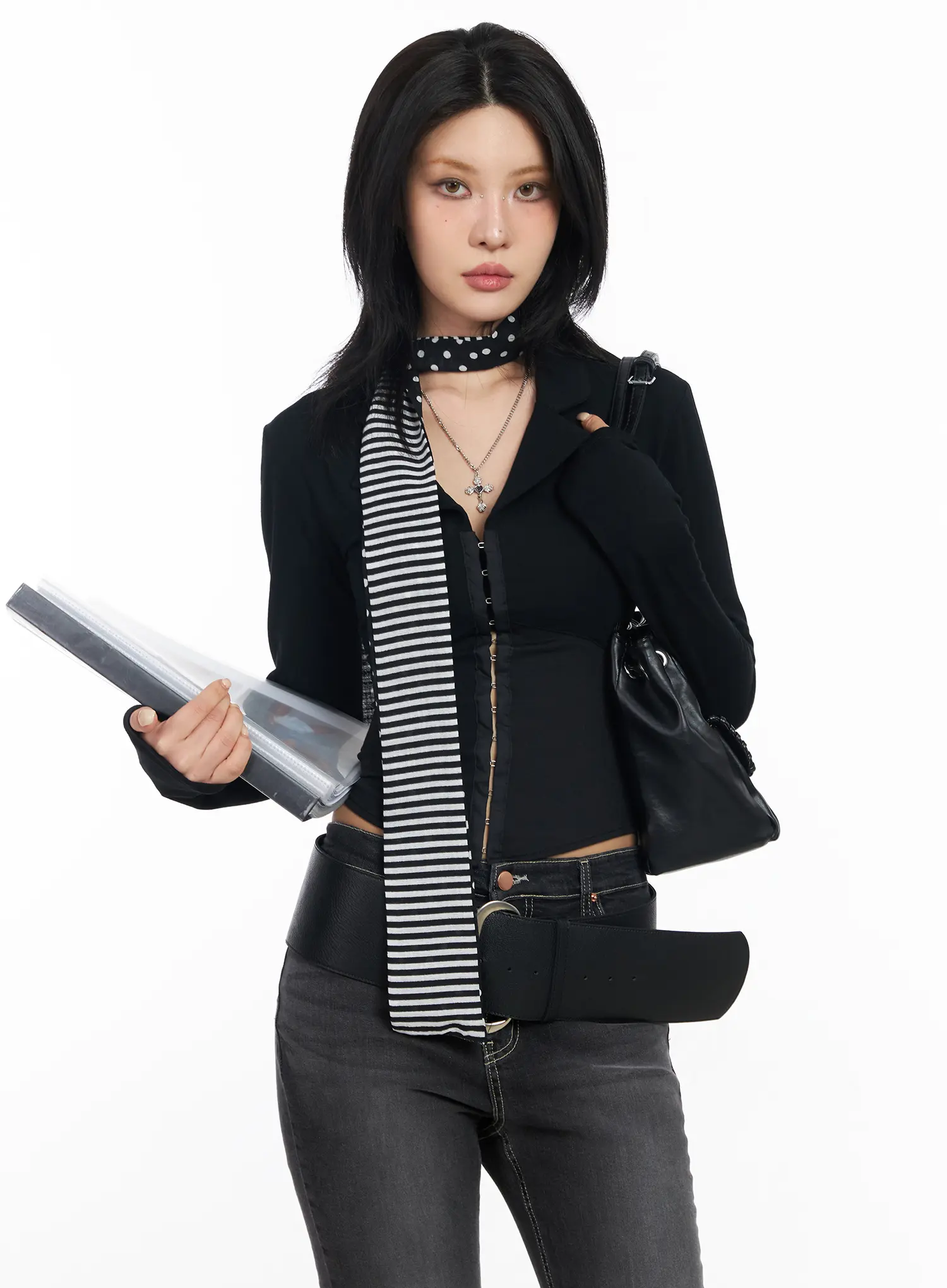 Collared Corset Button Long Sleeve Top CF527