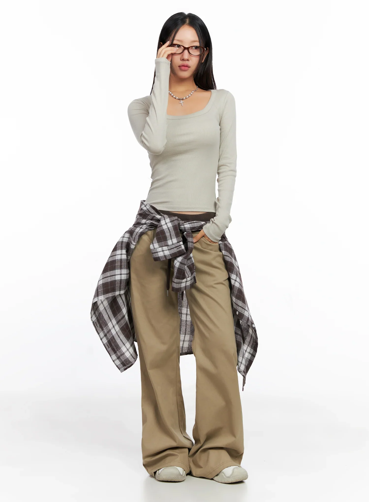 Contrast Bootcut Cotton Pants CO515