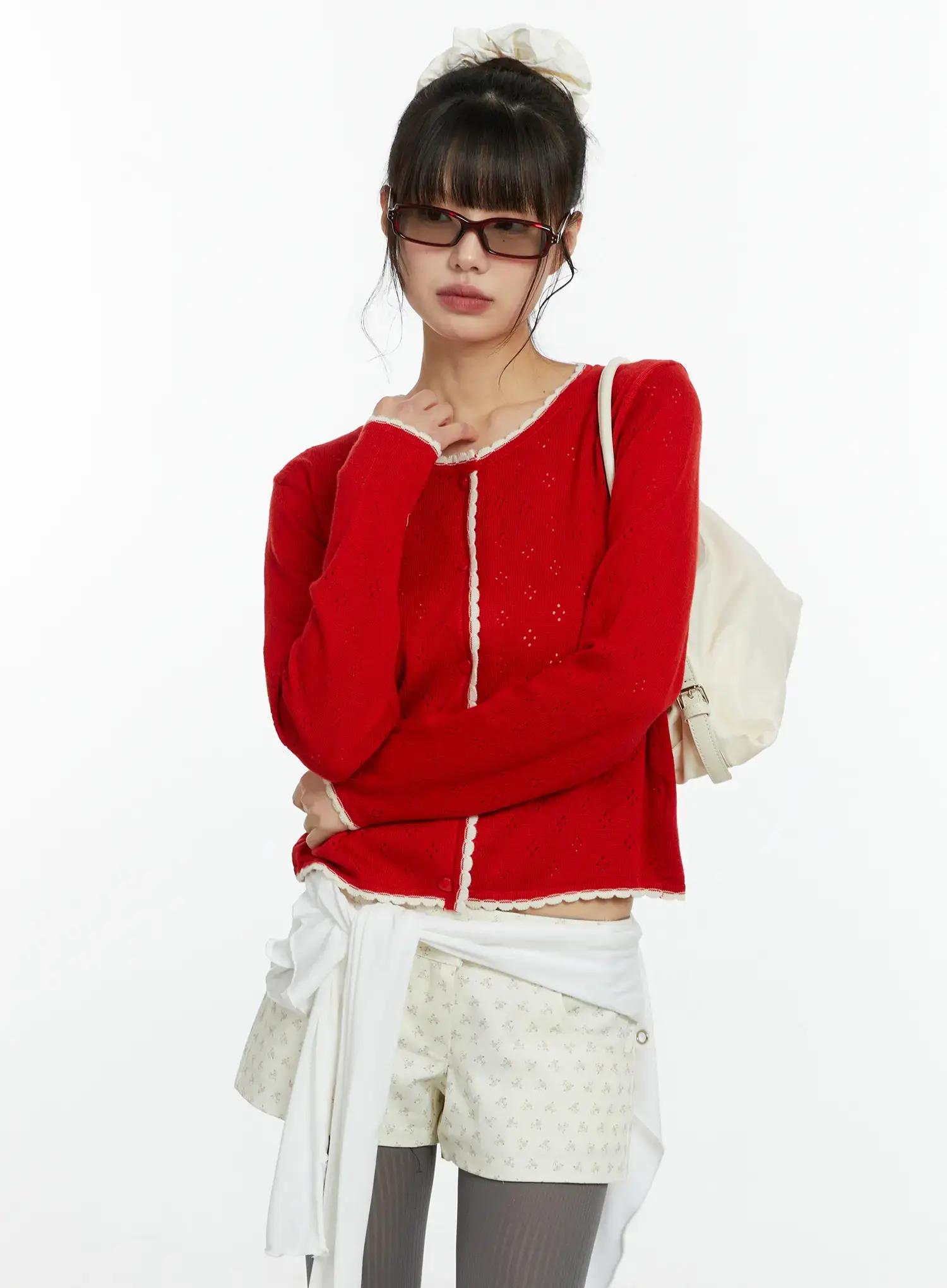 Contrast Pointelle Lace Trim Cardigan CF509