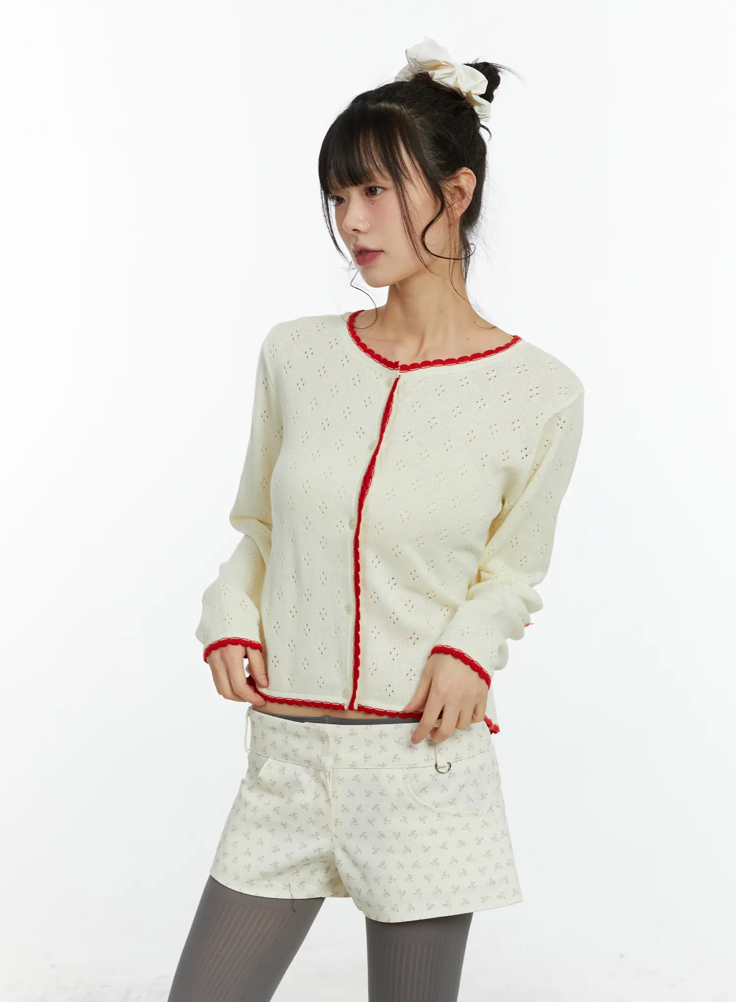 Contrast Pointelle Lace Trim Cardigan CF509 - Image 10