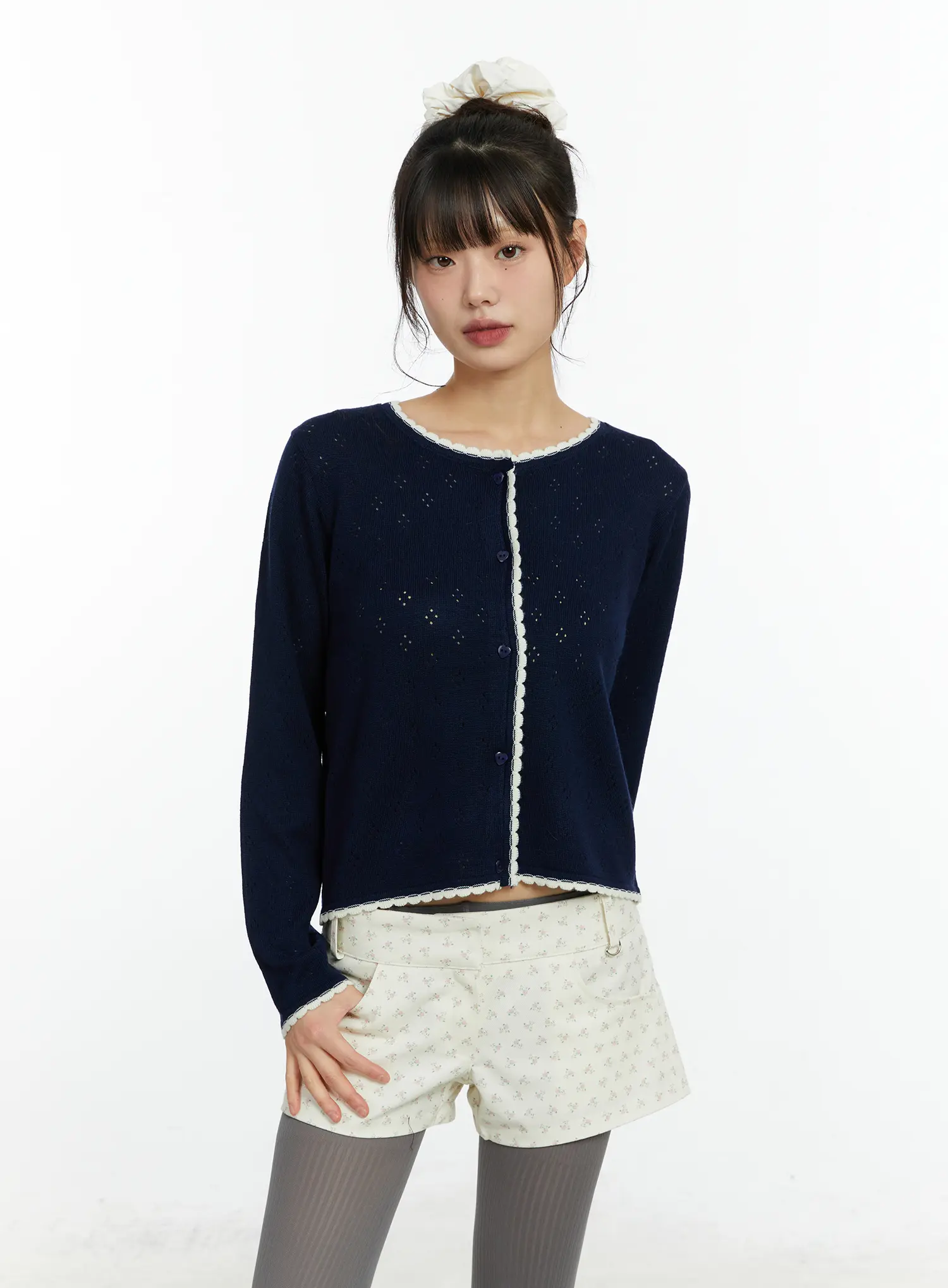 Contrast Pointelle Lace Trim Cardigan CF509 - Image 12