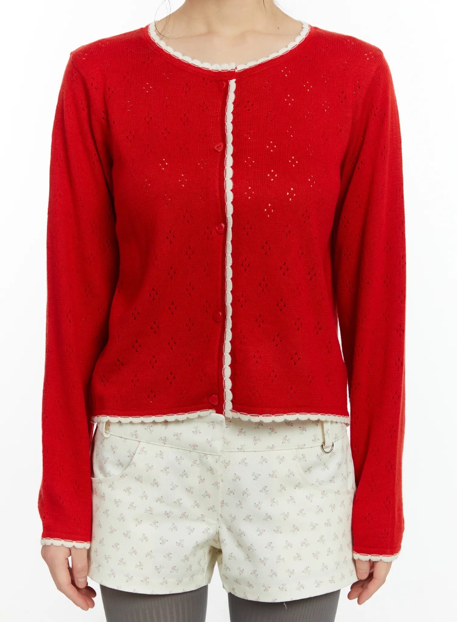 Contrast Pointelle Lace Trim Cardigan CF509 - Image 8