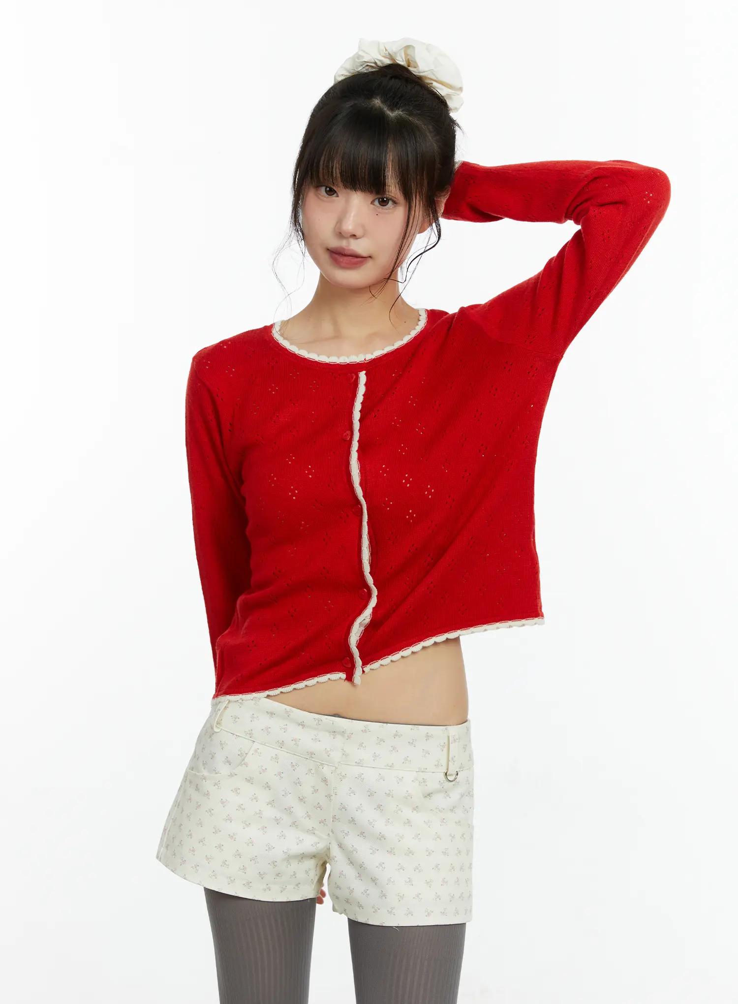 Contrast Pointelle Lace Trim Cardigan CF509 - Image 9