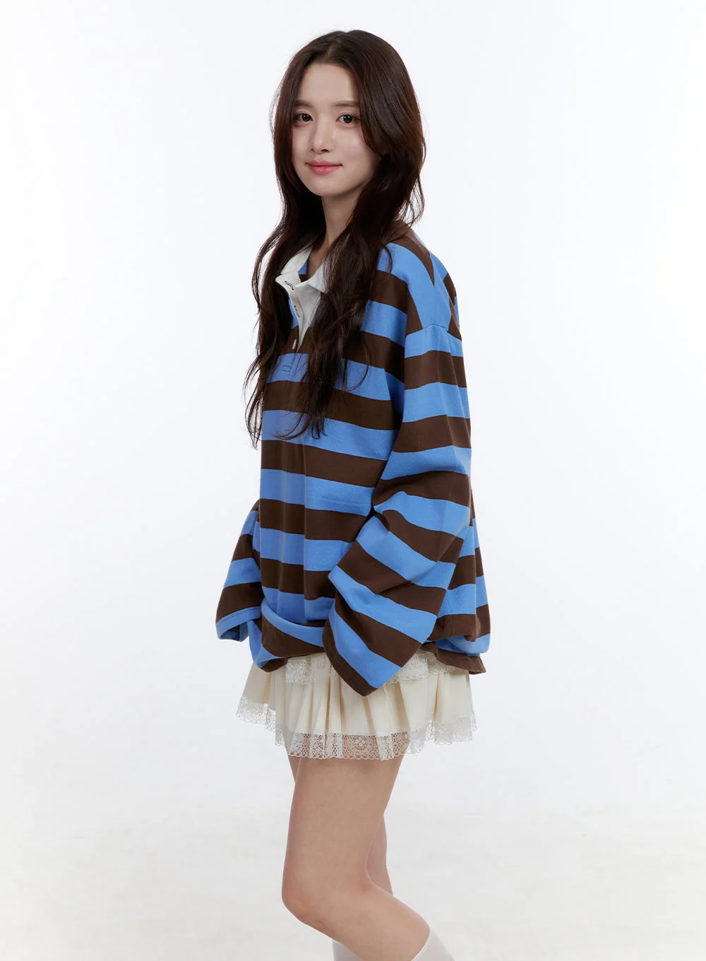 Cotton Oversize Buttoned Long Sleeve Stripe Tee OO407 - Image 5
