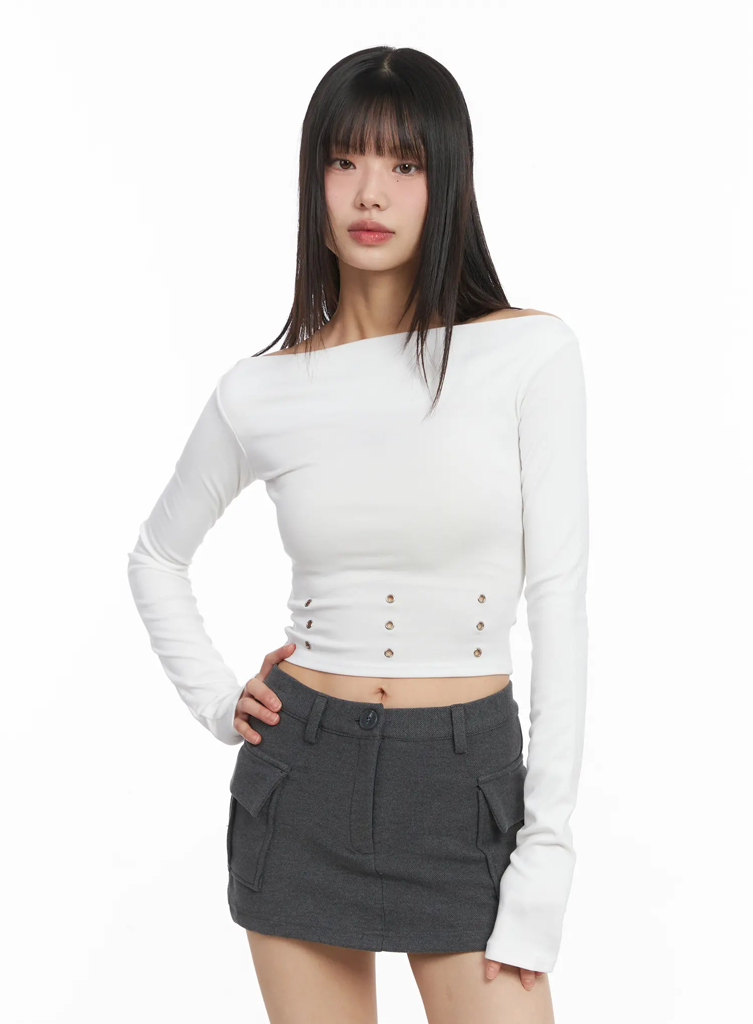 Cropped Eyelet Long Sleeve Tee CJ501 - Image 2