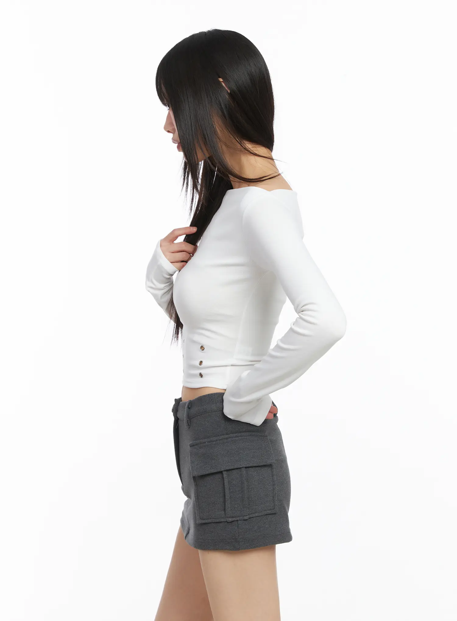 Cropped Eyelet Long Sleeve Tee CJ501 - Image 5