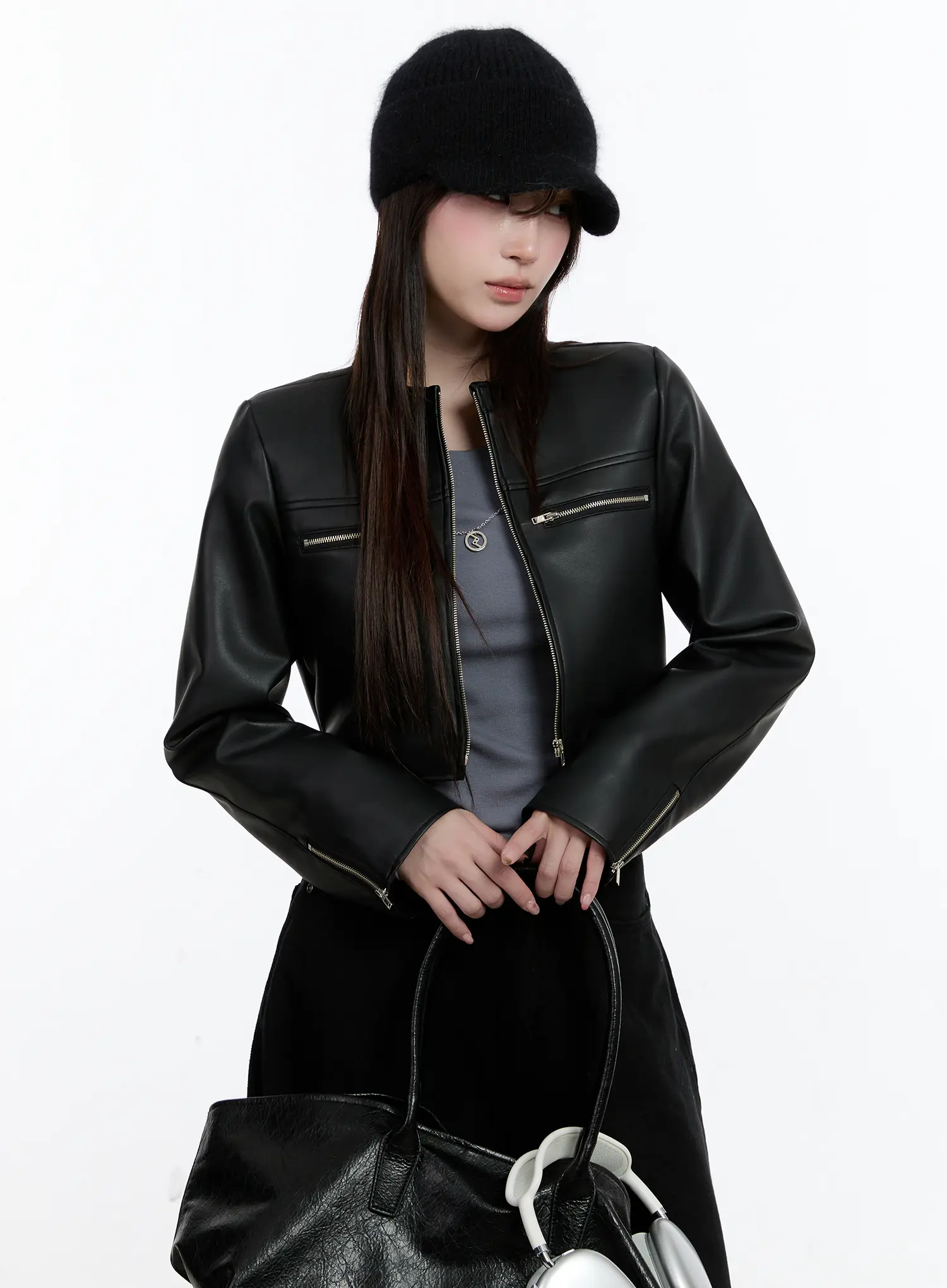 Cropped Faux Leather Rider Jacket CN525