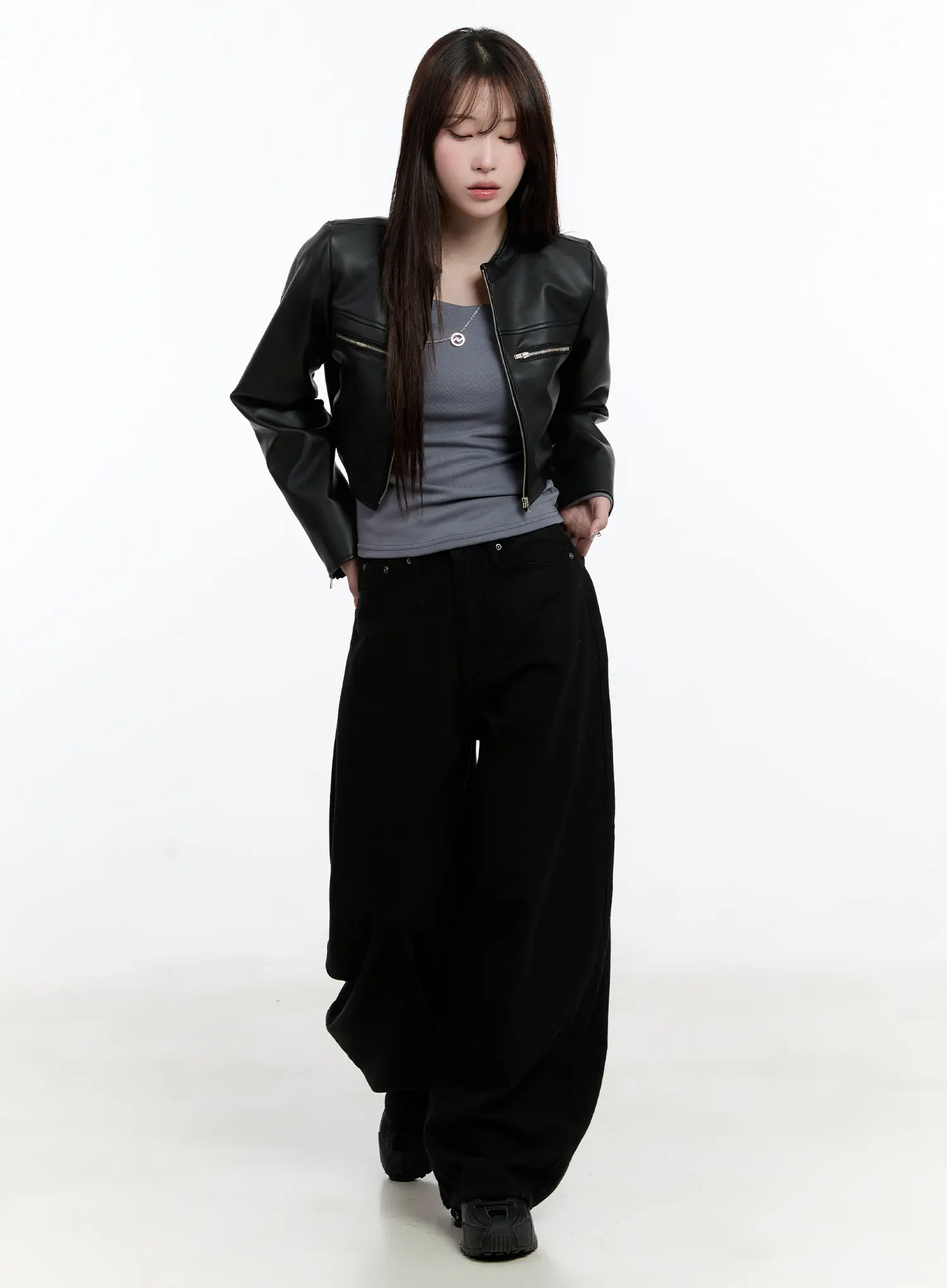 Cropped Faux Leather Rider Jacket CN525 - Image 2