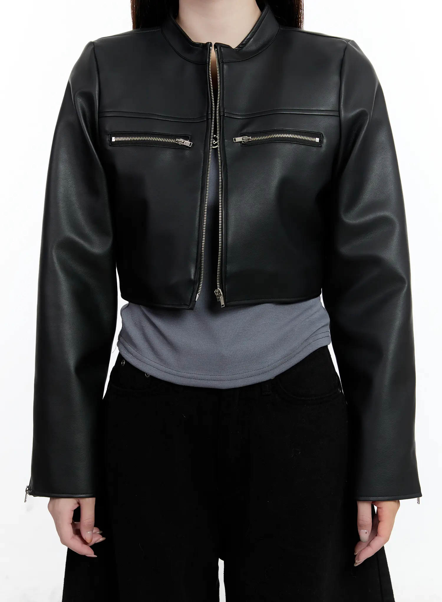 Cropped Faux Leather Rider Jacket CN525 - Image 4