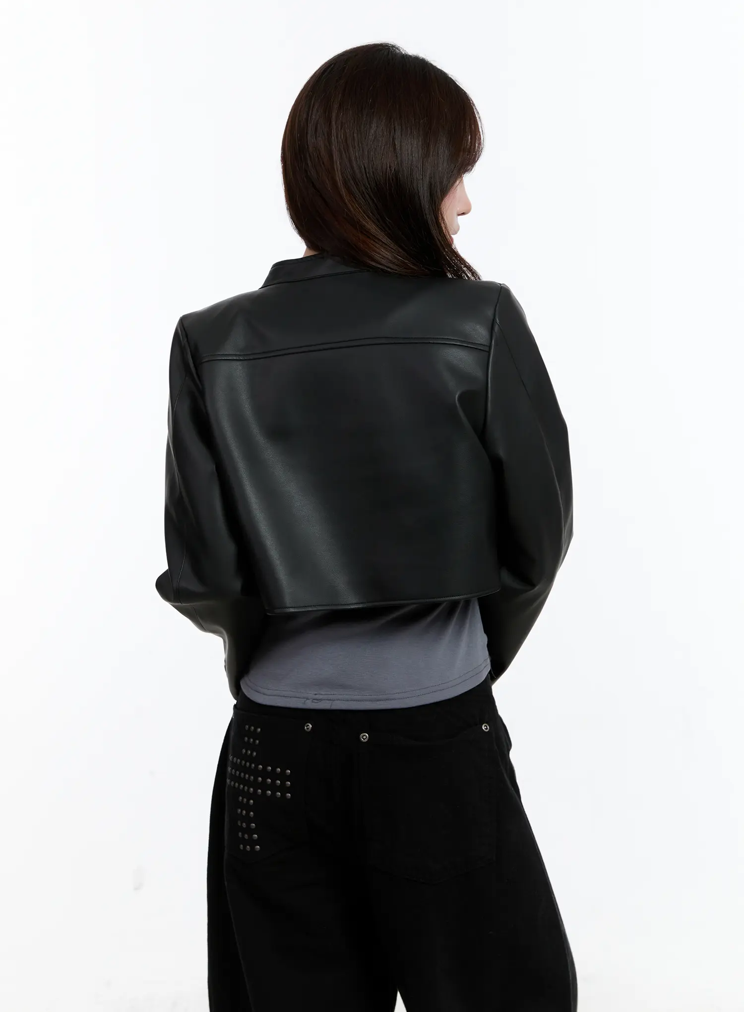 Cropped Faux Leather Rider Jacket CN525 - Image 9