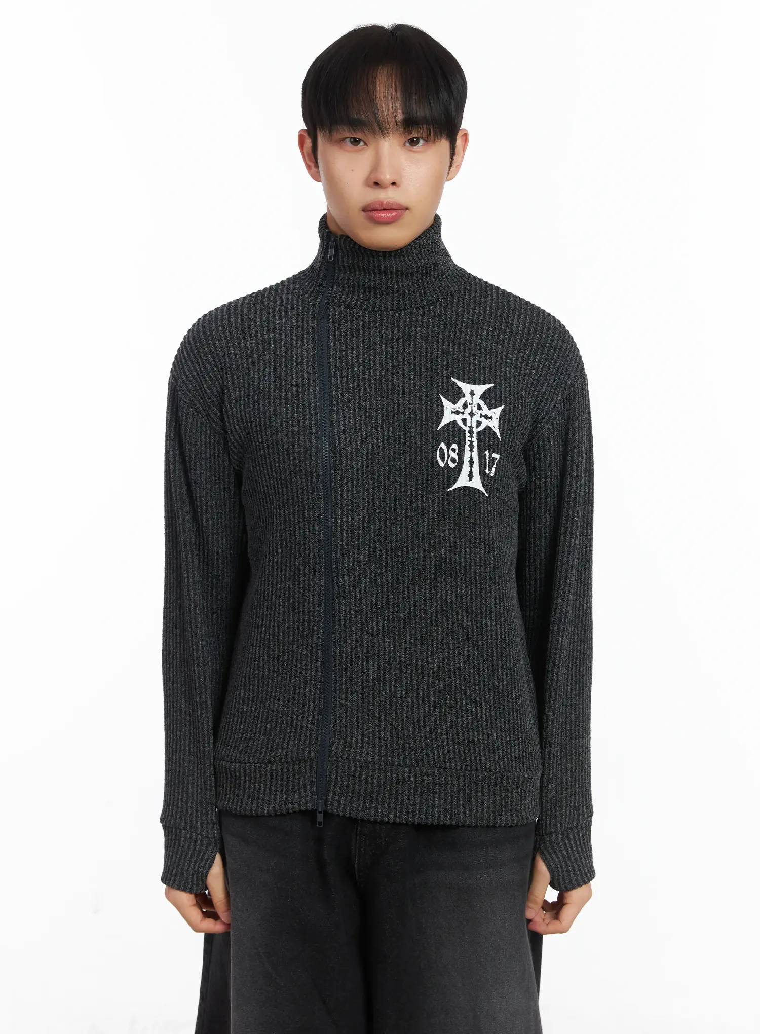 Cross Print High Neck Zip-Up Cardigan ID515 - Image 12