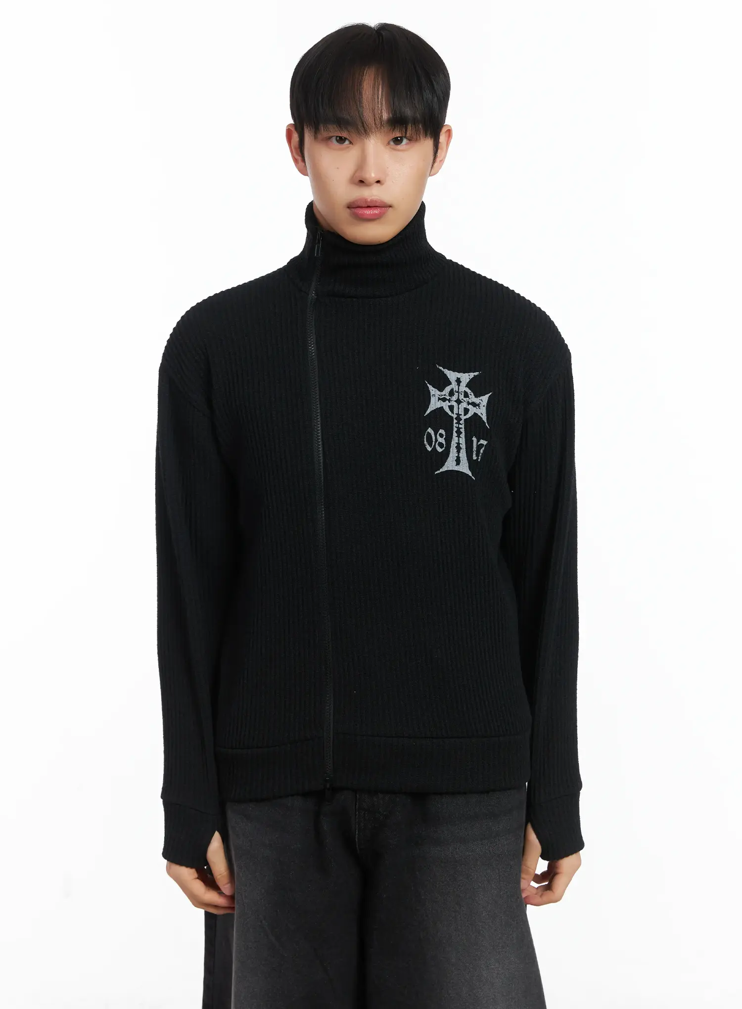 Cross Print High Neck Zip-Up Cardigan ID515 - Image 9