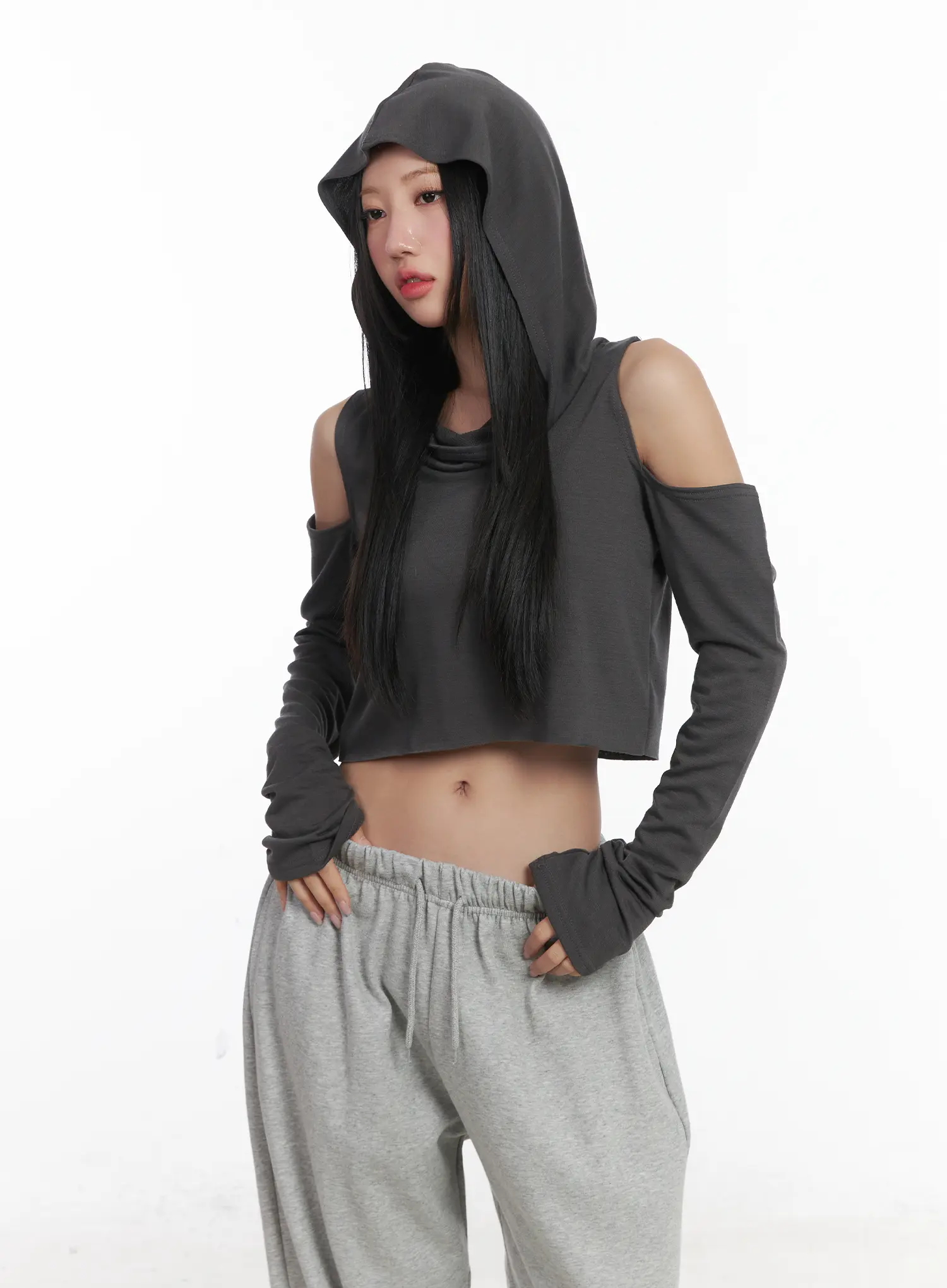 Cut-Out Crop Hood Long Sleeve Top CD529 - Image 2