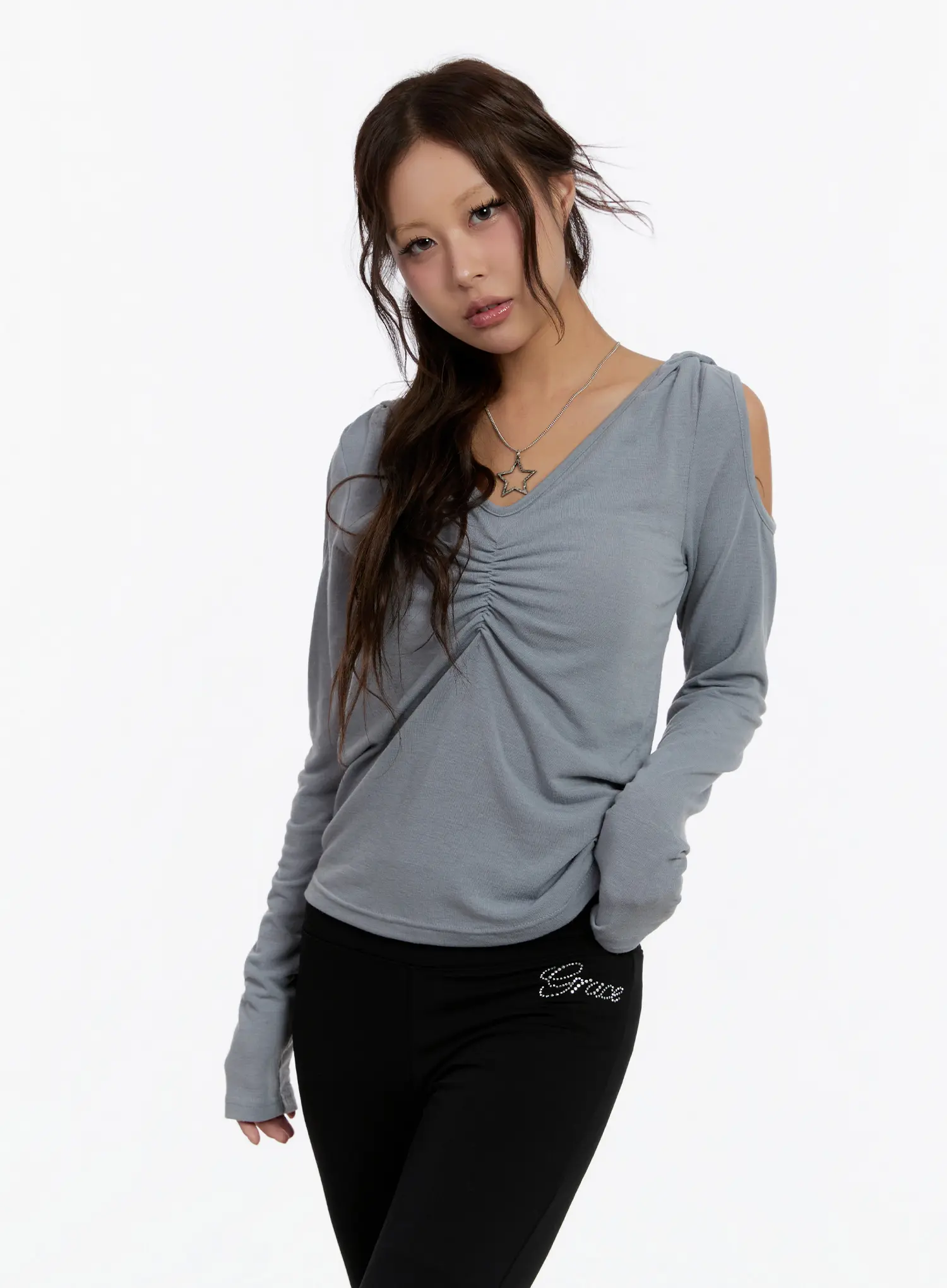 Cut-Out Shirred Hoodie CN527 - Image 7