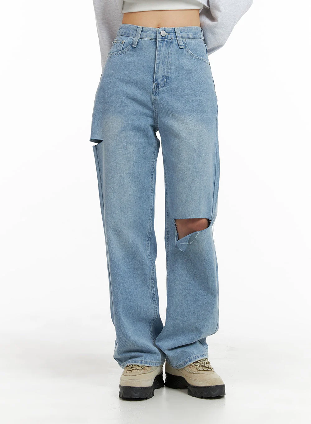 Cut Out Washed Straight Jeans OM421 - Image 2