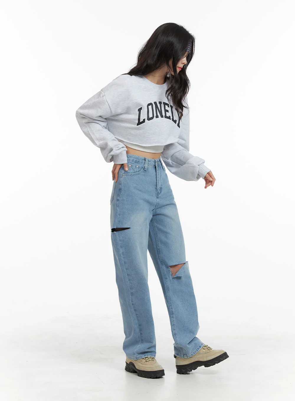 Cut Out Washed Straight Jeans OM421 - Image 3