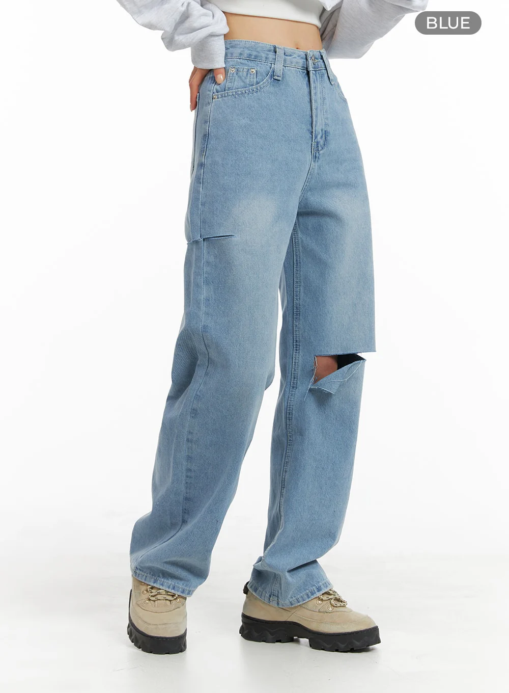 Cut Out Washed Straight Jeans OM421 - Image 8