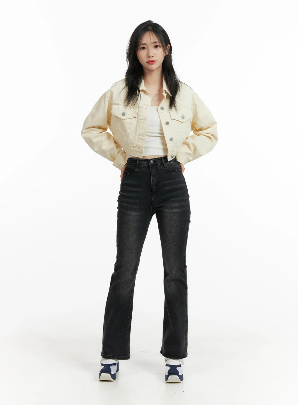 Denim Collar Solid Button Crop Jacket OM411 - Image 2