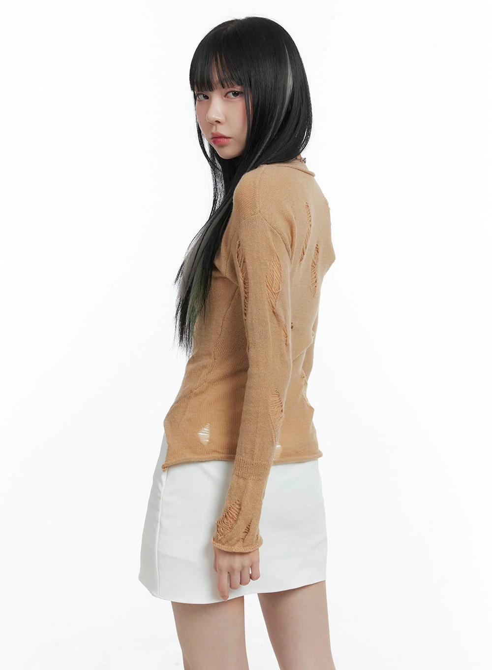 Destroyed Unbalanced Edge Knit Top OM426 - Image 3