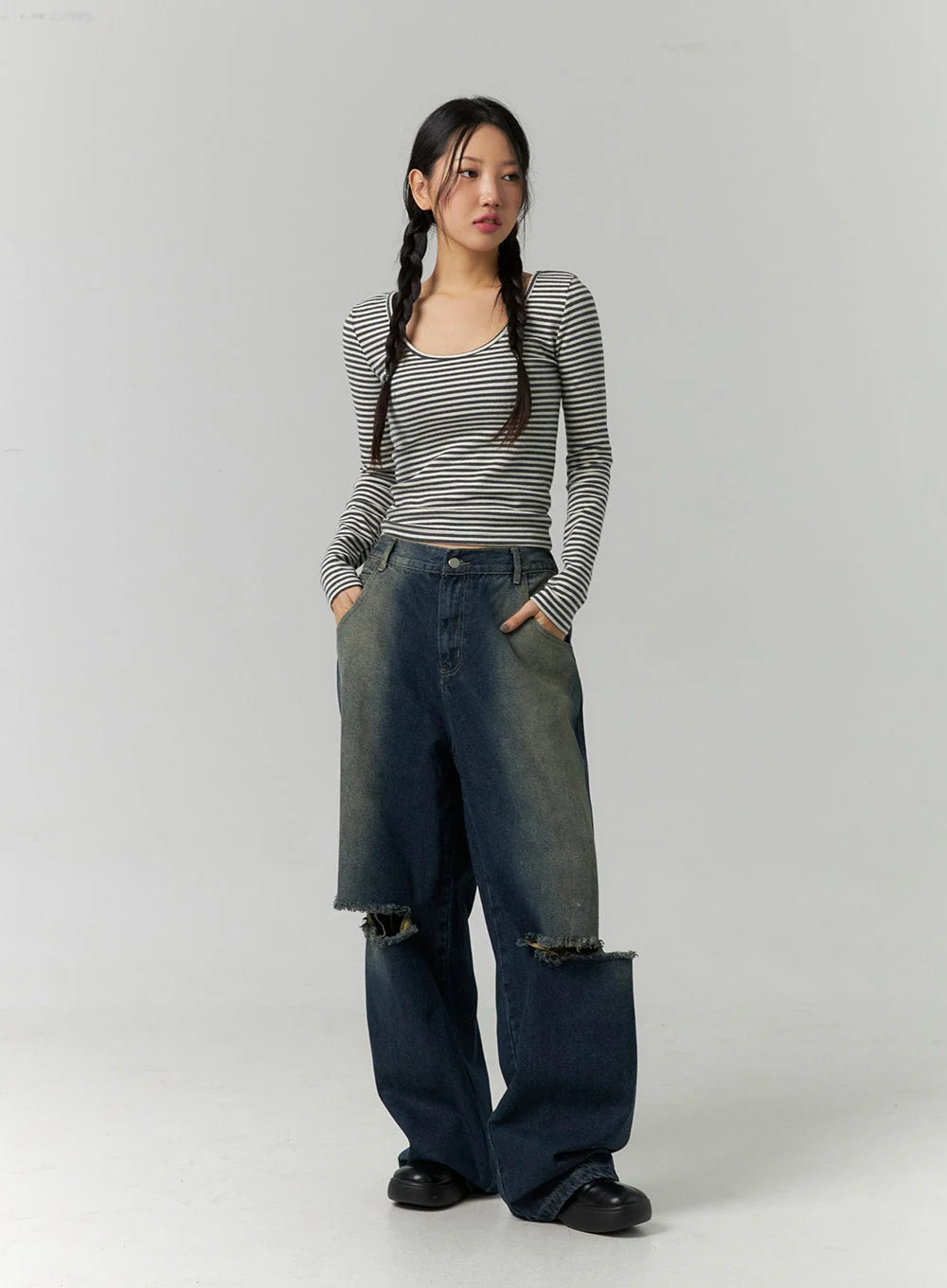 Destroyed Washed Wide Leg Jeans CN324 - Image 2
