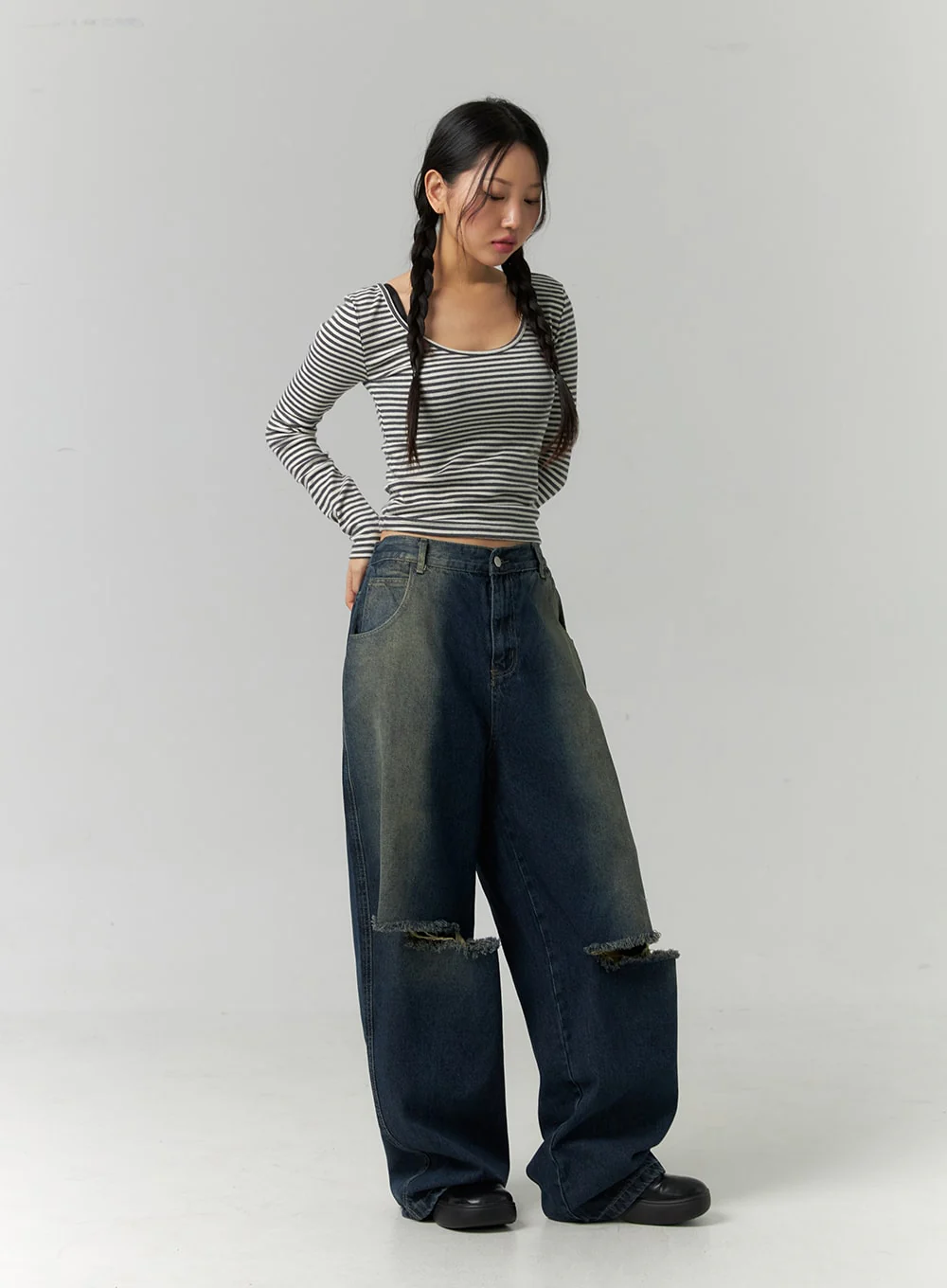 Destroyed Washed Wide Leg Jeans CN324 - Image 3