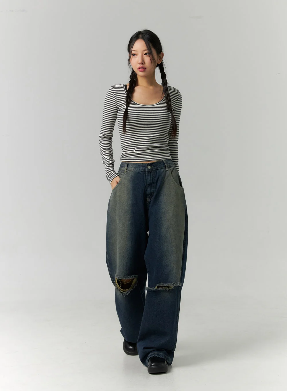 Destroyed Washed Wide Leg Jeans CN324 - Image 6