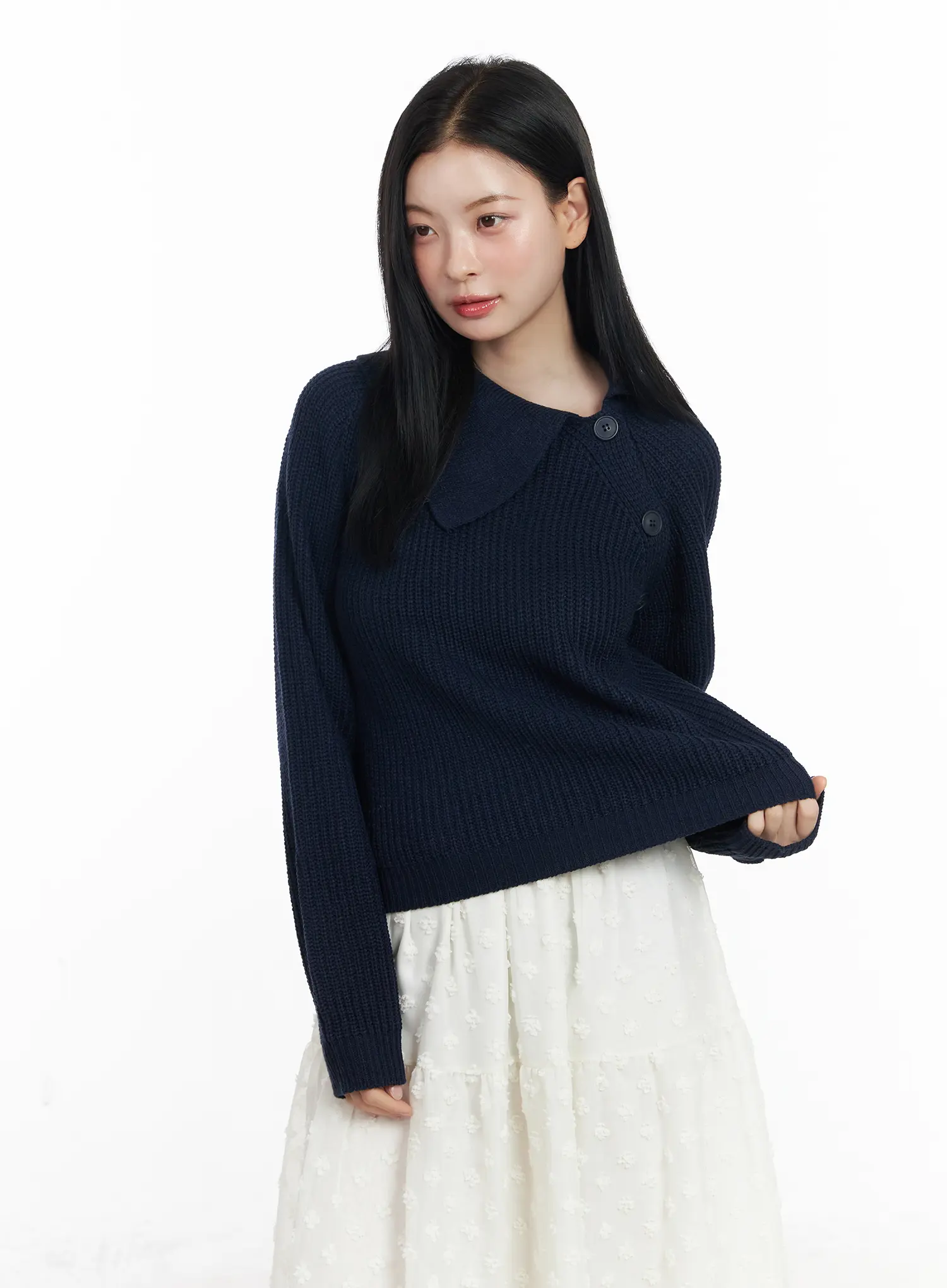 Diagonal Button Collar Knit Top CJ519 - Image 2